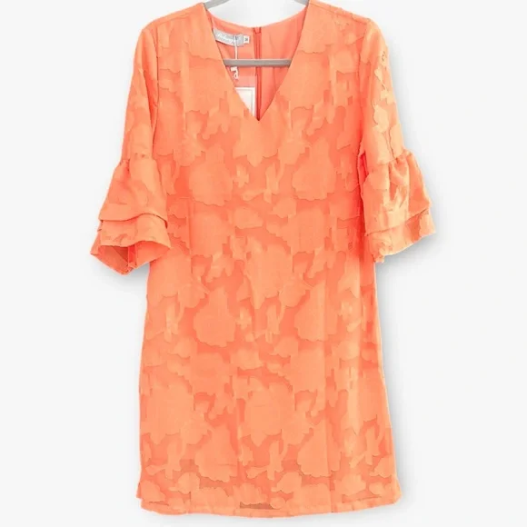 ๐ด ๐ BELONGSCI Shift Design Dress V-Neck 3/4 Bell Sleeve. Orange. Size M. NWT. - Picture 2 of 12